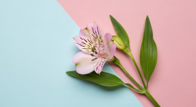 Beautiful pink alstroemeria flower on a split blue and pink background