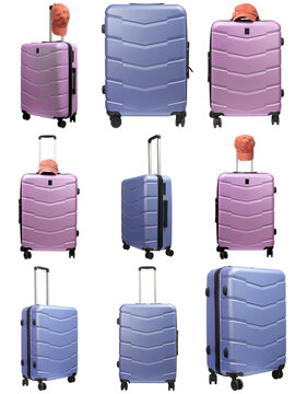 A grid of modern hard-shell luggage, featuring vibrant pink and blue suitcases, isolated on a transparent background.