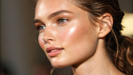 Fototapeta premium Close-up portrait of a young woman with glowing skin, natural makeup, and green eyes looking thoughtfully to the side.