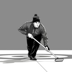Fototapeta premium Curling Athlete: Isolated Image of a Man in Action, Black and White Vector