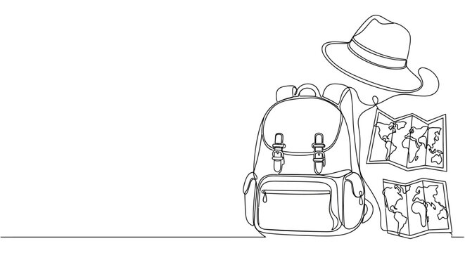 Continuous line drawing of travel backpack with map and hat.