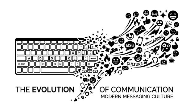 Evolution of Digital Communication: Keyboard to Modern Messaging and Emoji Icon Vector Concept