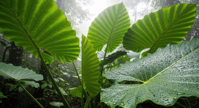 Lush Green Elephant Ear Leaves with Rain Droplets in Forest