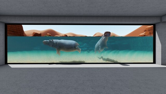 動物園のカバ 水中を泳いだりのんびり過ごすカバ　3DCGイラスト
