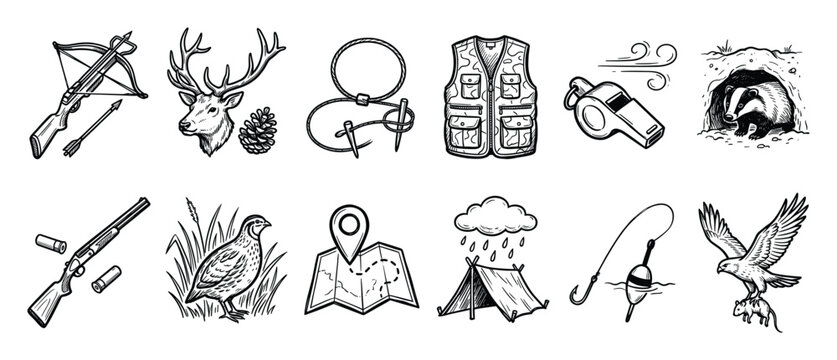 Set of hunting and camping icons. Outdoor adventure, wildlife, recreation equipment symbols. Crossbow, deer, vest, whistle, badger, shotgun, quail, map, tent, fishing, hawk emblems.