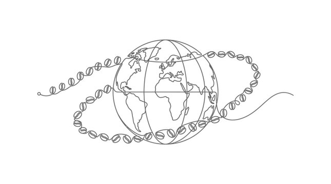 Continuous one line drawing of a globe surrounded by coffee beans.