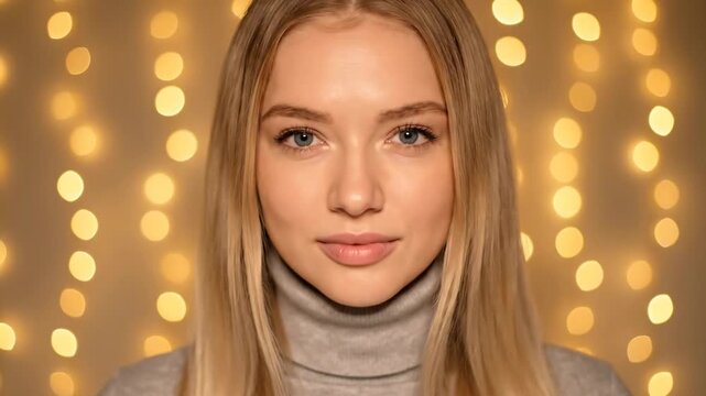 AI generated portrait of a young blonde woman with golden bokeh lights. Close-up of a female face wearing a grey turtleneck in a festive setting. Artificial intelligence beauty concept