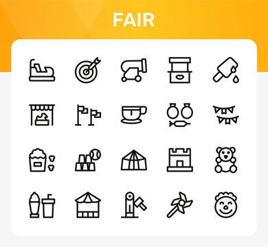 Fair icon set. Editable line icons. Professional and modern outline icon collection vector illustration representing agricultural county competition and livestock show graphics in a minimal design.