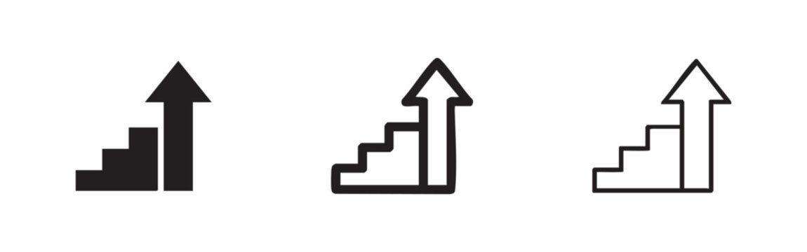 Stairs with up arrow icon set. Progress, growth, and development symbol.