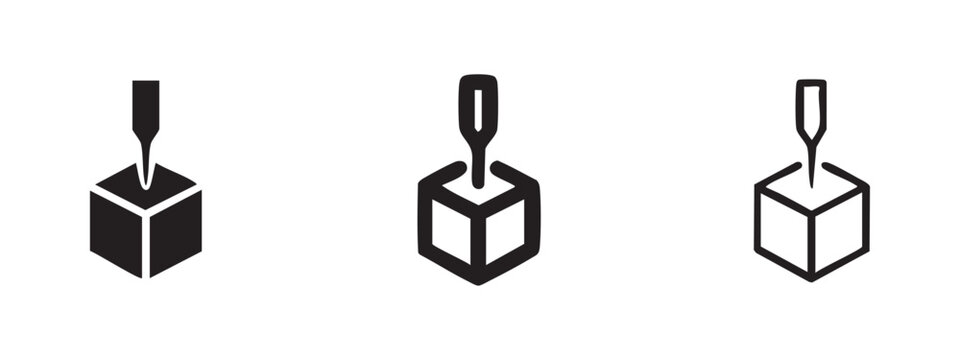 Three 3D printer nozzle or stylus icons: solid, outlined, and hollowed, on a white background.