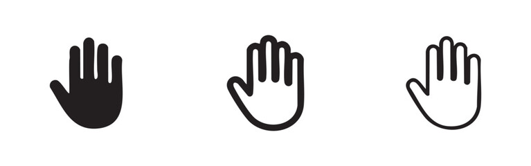 Fototapeta premium Set of three hand icons in black and outline variations on a white background.