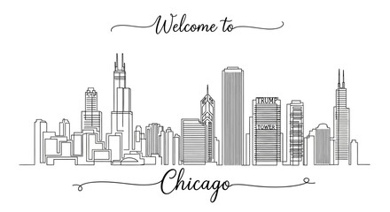 Naklejka premium Chicago Skyline Silhouette, Hand Drawn, White Background, 