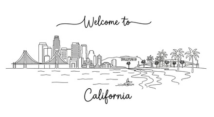 Fototapeta premium California: Hand-drawn cityscape, beach, palm trees, and welcome text