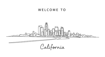 Naklejka premium California Skyline Illustration: Cityscape Welcome, Black and White