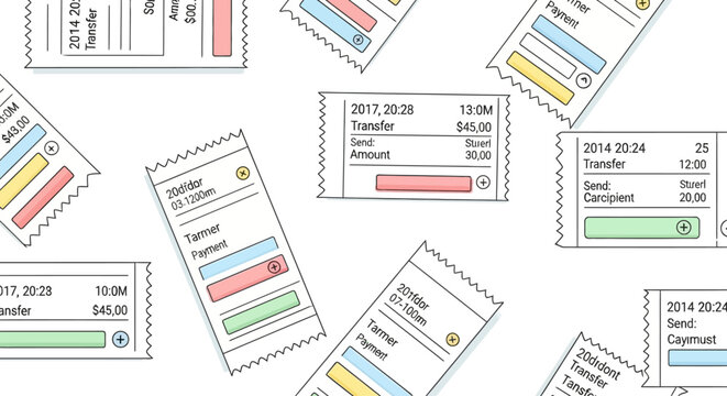 Colorful tickets with various details.