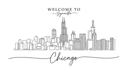 Fototapeta premium Chicago Skyline Drawing, Cityscape Silhouette, Welcome Sign, Monochrome Travel Art