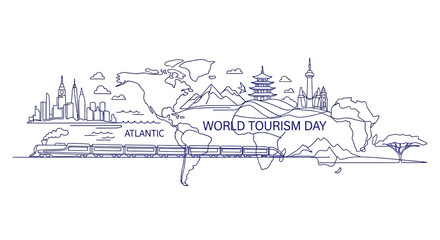 World Tourism Day hand drawn illustration with global landmarks and train. © Alvi