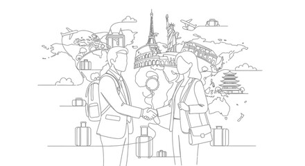 Obraz premium A line art illustration of a man and a woman shaking hands in a business professional setting.