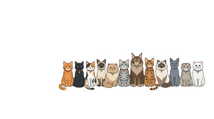 A colorful illustration featuring a diverse collection of various cat breeds standing together in a row on a white background. © Alvi