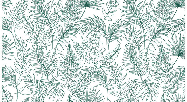 Tropical foliage pattern detailed line drawing on a white background