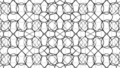 Obraz premium Black geometric pattern on a white background, featuring overlapping circles and lines creating a complex design