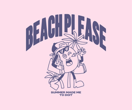 Funny Cartoon Graphic Tee. Summer Vacation T-shirt Design for Print. Retro Funny Happy Summer Vector Illustration. Clothing Apparel Design for Brand, Tropical, Beach
