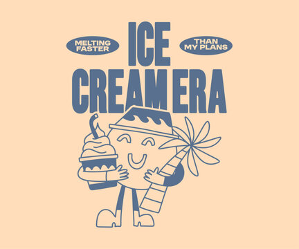 Funny Cartoon Graphic Tee. Summer Vacation T-shirt Design for Print. Retro Funny Happy Summer Vector Illustration. Clothing Apparel Design for Brand, Tropical, Beach