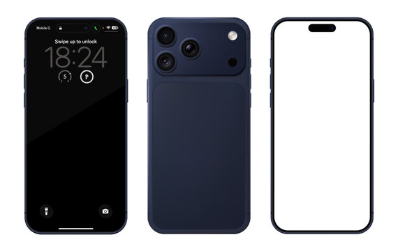 Detailed blue mobile phone mockup. Front and rear view isolated on transparent background. Vector PNG