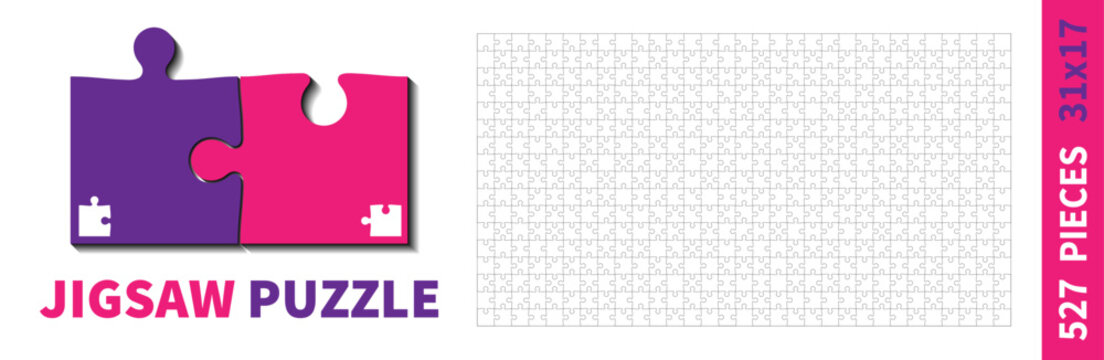 Detailed various shapes puzzle grid. Jigsaw puzzle blank template. 31x17 shapes, 527 pieces. Separate matching puzzle elements. Vector illustration