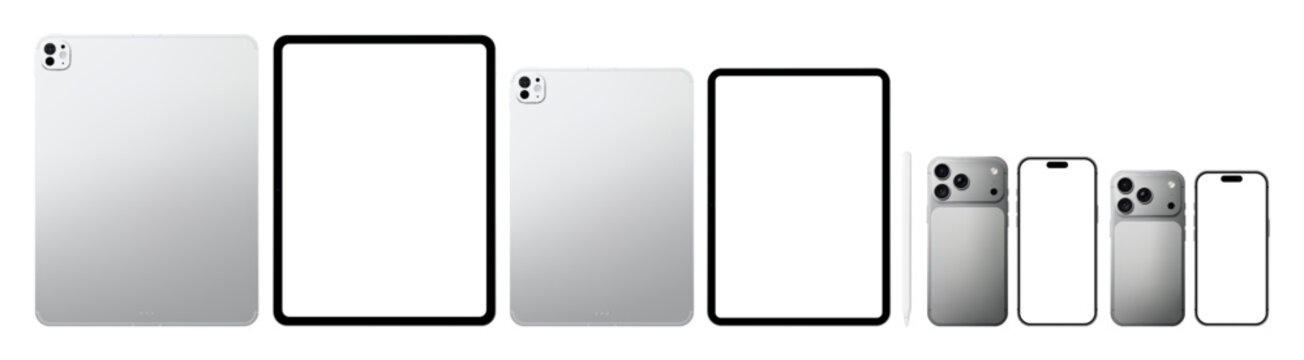 Photorealistic silver mobile devices collection mockup: smartphones and tablet pc with stylus. Front and back views isolated on transparent background. Vector PNG