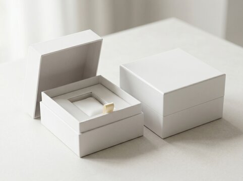 Elegant white jewelry boxes with soft lighting, showcasing premium packaging and presentation