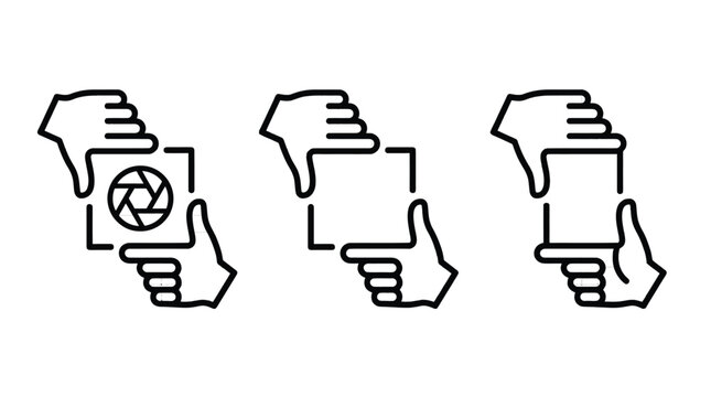 A graphic representation of hands framing a camera lens and empty frames, illustrating the concept of photography and composition
