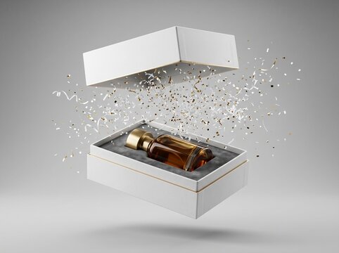 Elegant perfume bottle presented in an open white gift box with golden trim and confetti