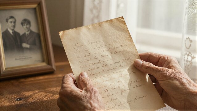 Elderly hands hold vintage letter framed photo in background hints at