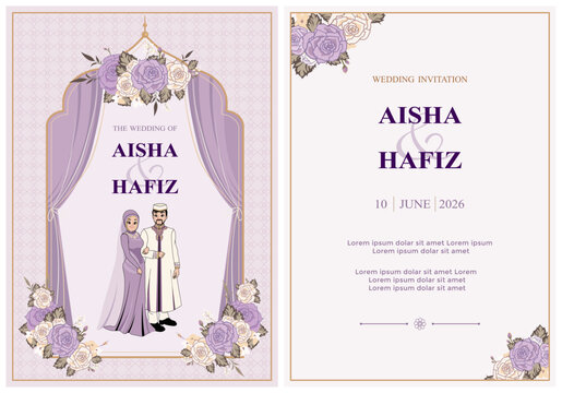 Muslim wedding invitation card template featuring a cute cartoon bride and groom in traditional attire with elegant purple roses and islamic arch design.