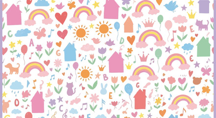 Whimsical floral and rainbow pattern on a white background © Md Shifat