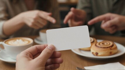 Obraz premium Hands hold blank card friends gesture behind coffee and pastries.