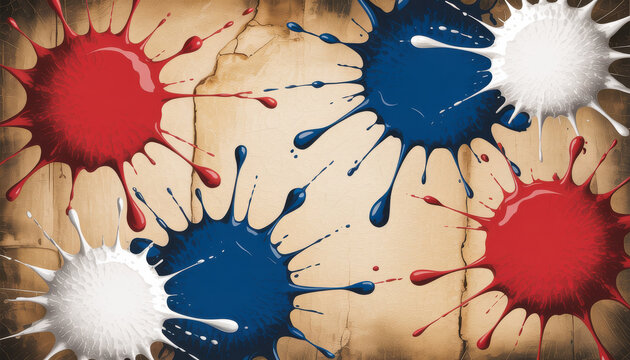 Vivid red white and blue paint splashes scattered playfully emulating fireworks on canvas to evoke a sense of American celebration and holiday pride