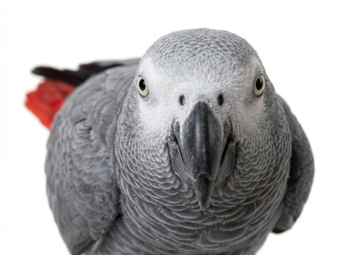 An expressive African Grey parrot with intelligent eyes and a bright red tail feather stares directly ahead, showcasing its distinctive plumage and sharp beak in a striking portrait