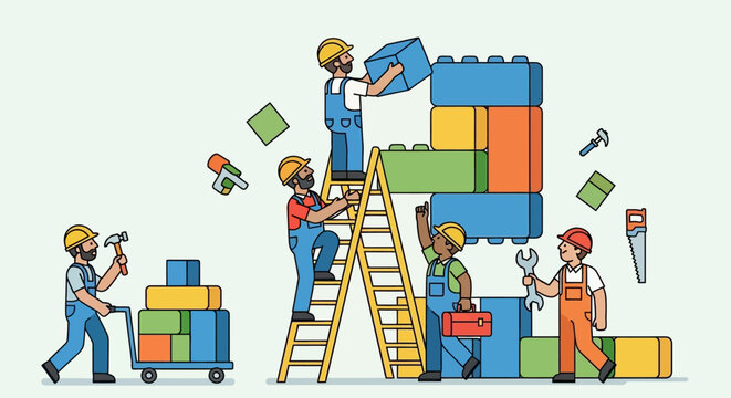Team of builders constructing a colorful block structure against simple background