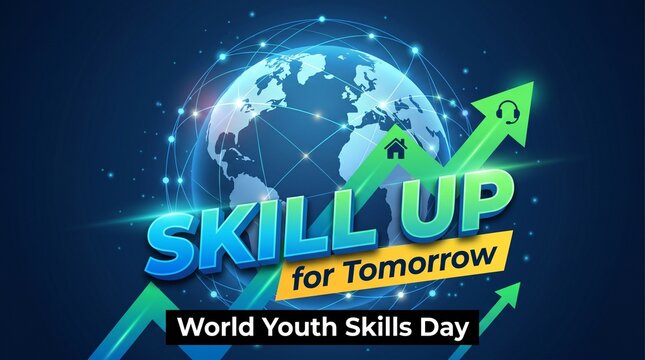 Skill up for tomorrow world youth skills day global concept with earth globe and green arrows