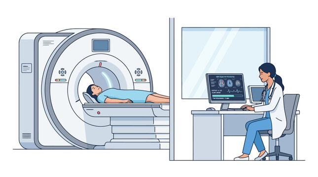 Medical illustration of MRI Scanner, patient scan, and doctor