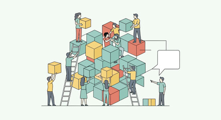 Naklejka premium Team building and collaboration. People assembling a structure of cubes.