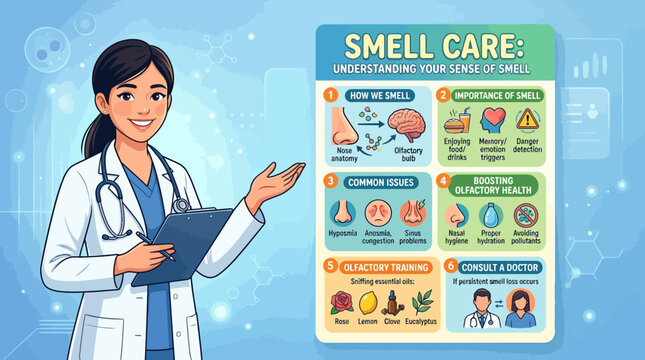 Female doctor explaining smell care infographic on blue background