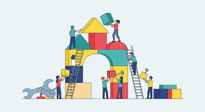 Team building and construction concept with colorful blocks and people