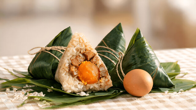 Zongzi (粽子), a traditional Chinese rice dish made of glutinous rice stuffed with a range of fillings and wrapped in bamboo leaves for Dragon Boat Festival