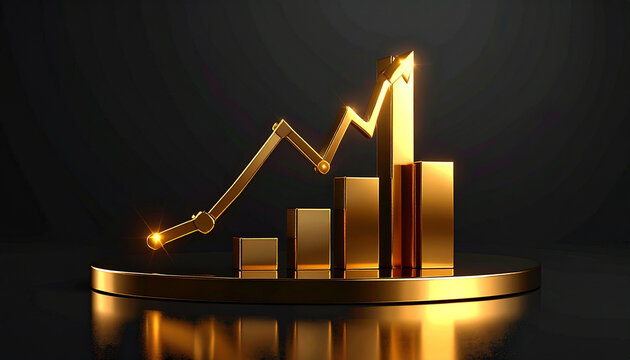 Golden 3D graph with rising chart on circular base
