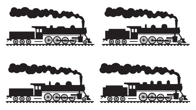 Vintage steam locomotive train graphic vectors blowing thick black smoke clouds on a railroad