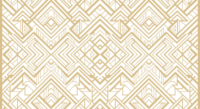 Geometric art deco pattern with repeating lines and shapes golden tone