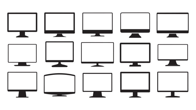 LCD computer monitor line icon templates pack featuring different modern desk displays